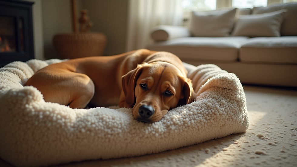 Eye-level view of a dog resting on a cozy bed