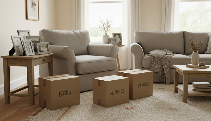 Wide-angle view of a calm living room with packed boxes near a soft chair.