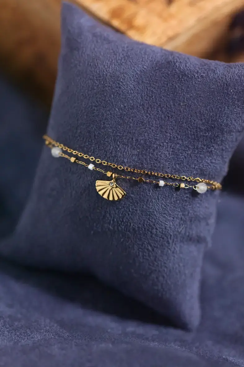 bracelet double rangs en acier inoxydable et pierres blanches avec pendentif éventail à strass