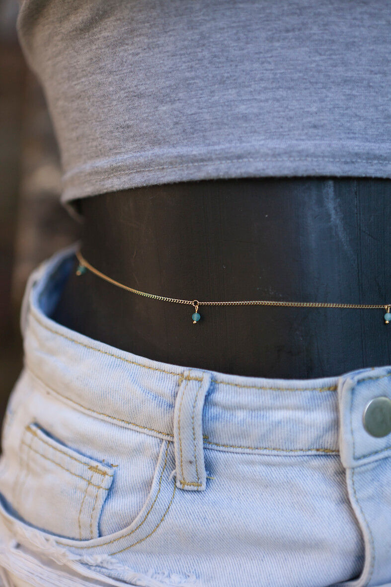 Thumbnail: chaine de taille pour femme en acier inoxydable et breloques perles bleues
