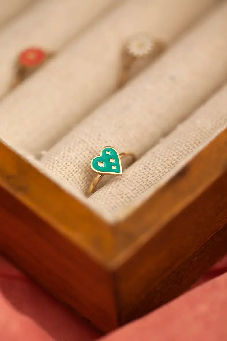 bague ajustable pour enfant en acier inoxydable avec un coeur bleu turquoise décoré de petites étoiles