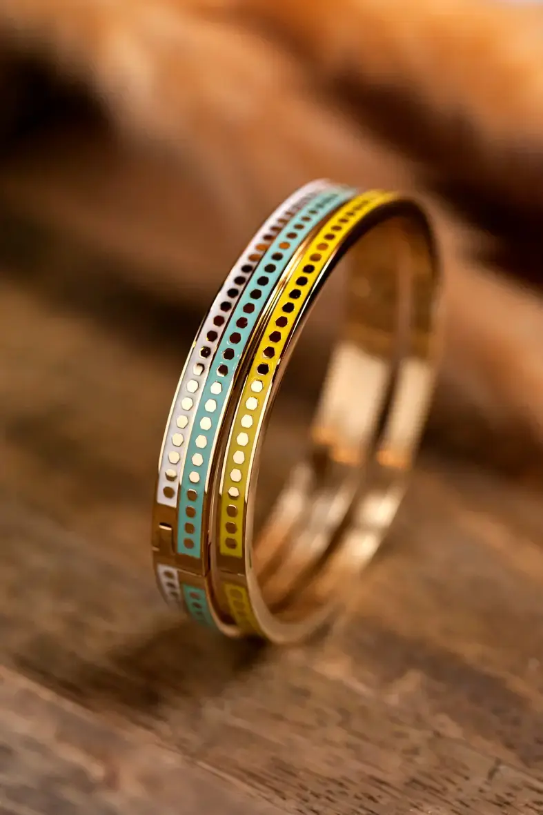 bracelets joncs ouvrables colorés à motifs en acier inoxydable doré et émail