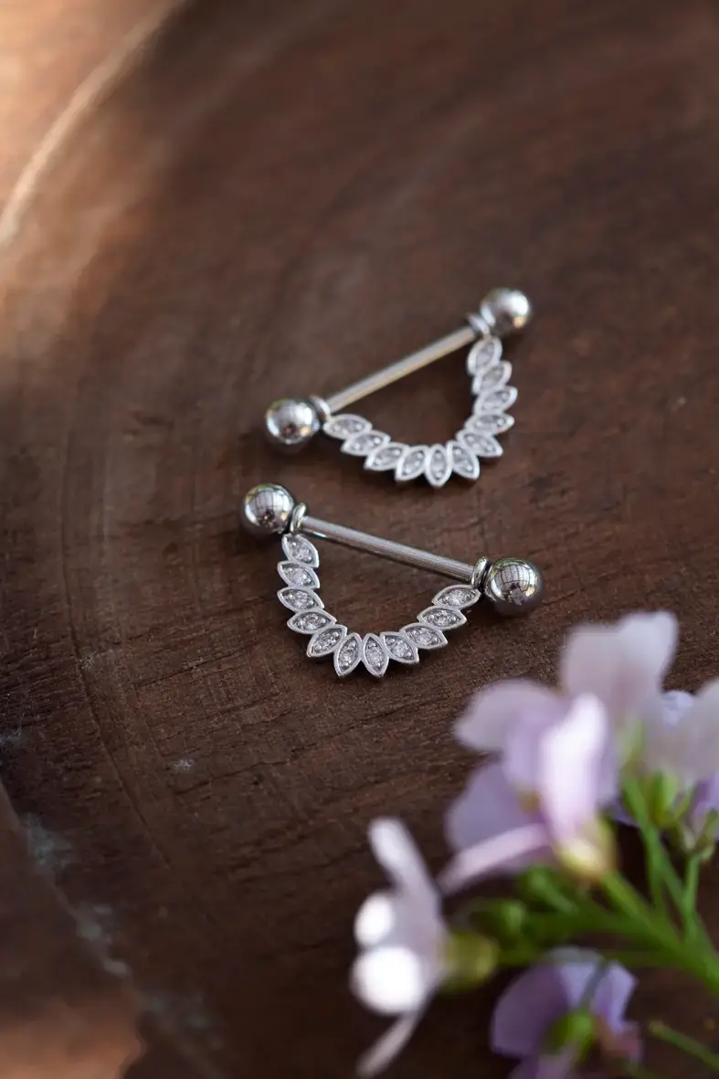 piercings pour tétons en acier inoxydable argenté avec strass de forme ovale