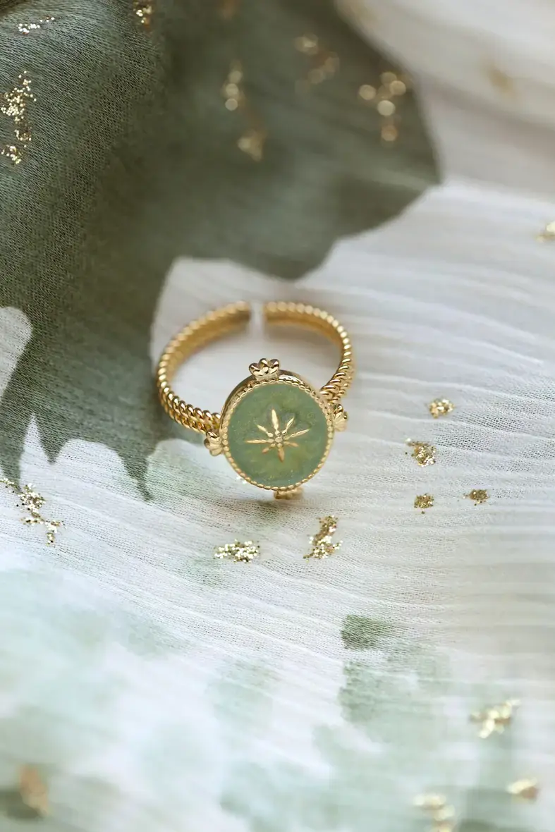 bague ajustable en acier inoxydable doré avec une médaille ovale vert amande décoré d'un motif rose des vents