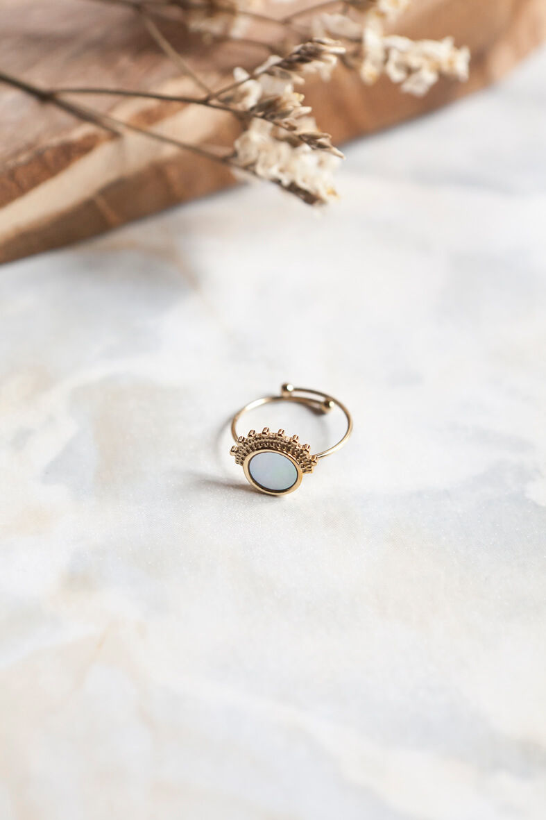Miniature : bague réglable pour femme style oriental en acier inoxydable et petite nacre ronde et demi contour perlé