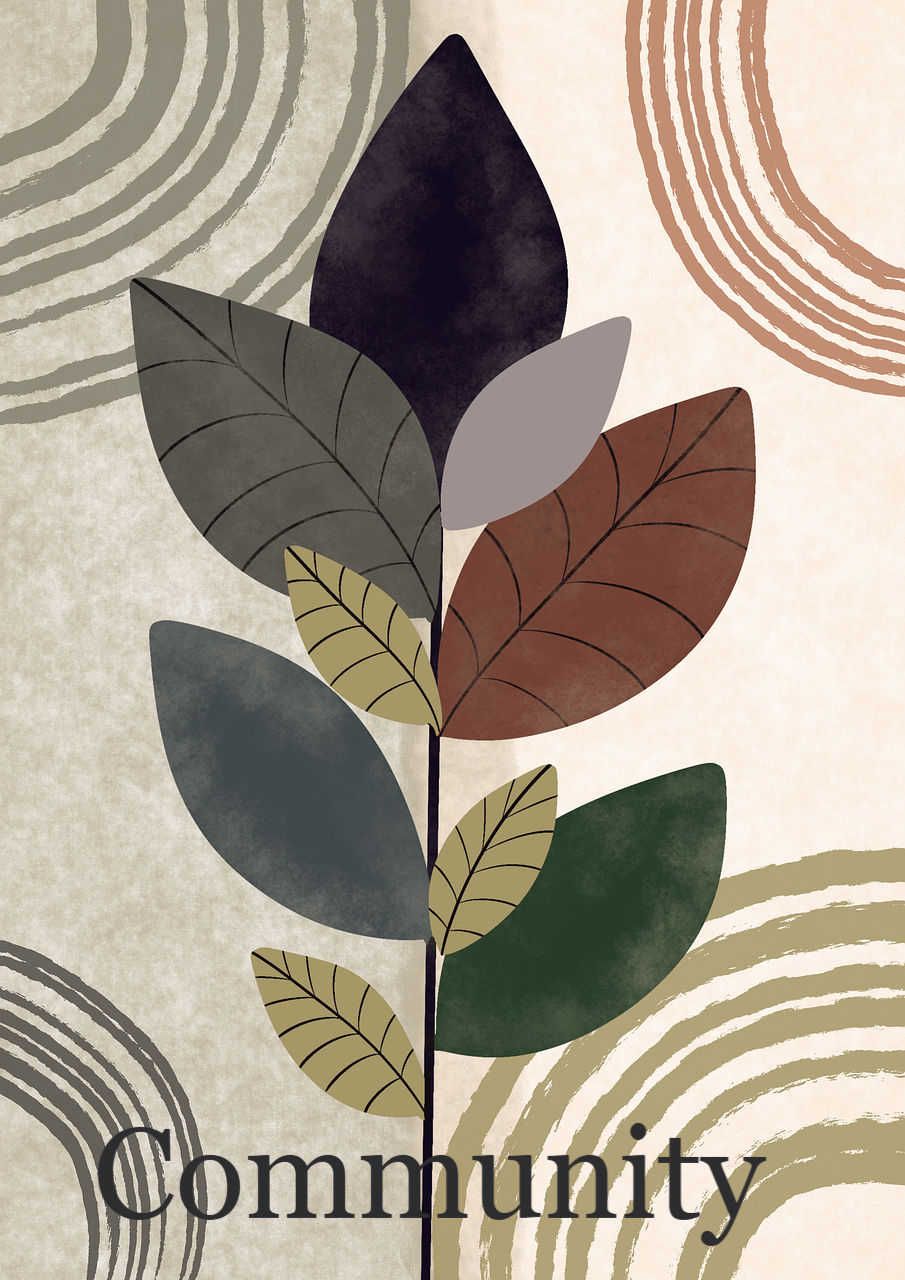 Abstract art of a multicolored plant with layered leaves on a textured background. Concentric circles decorate the corners. Text reads "Community."
