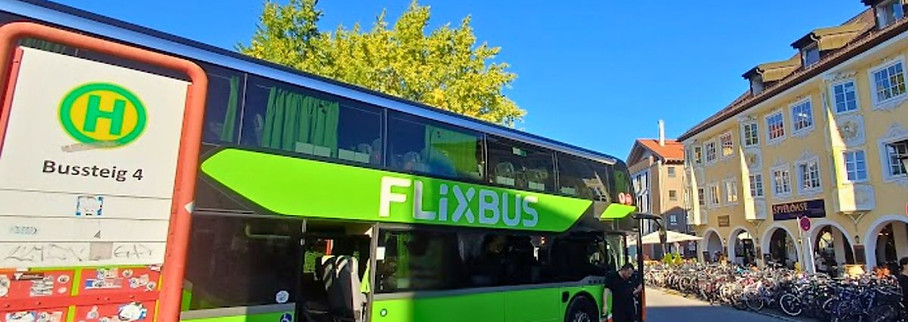 FlixBus stopping briefly in Garmisch-Partenkirchen on route to Innsbruck in the Austrian Alps