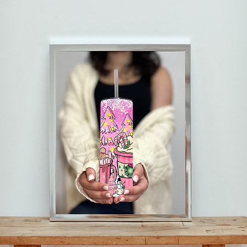 Pink & Green Holiday Skinny Tumbler | 20oz Stainless Steel Gift for Her