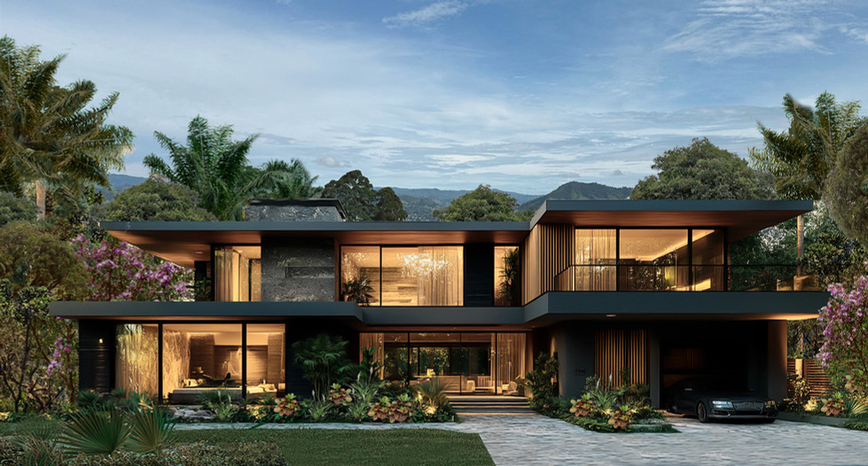 Modern two-story luxury home facade with floor-to-ceiling glass walls and lush tropical landscaping.