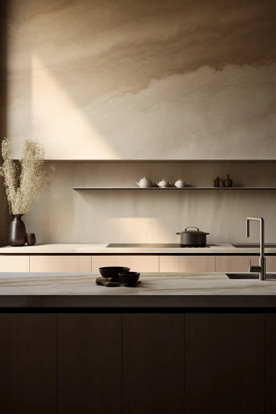 Modern Luxury Kitchen with Natural Materials and Serene Wellness-Inspired Aesthetic