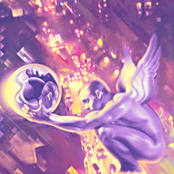 Nude winged man gazing at his reflection overlooking Times Square