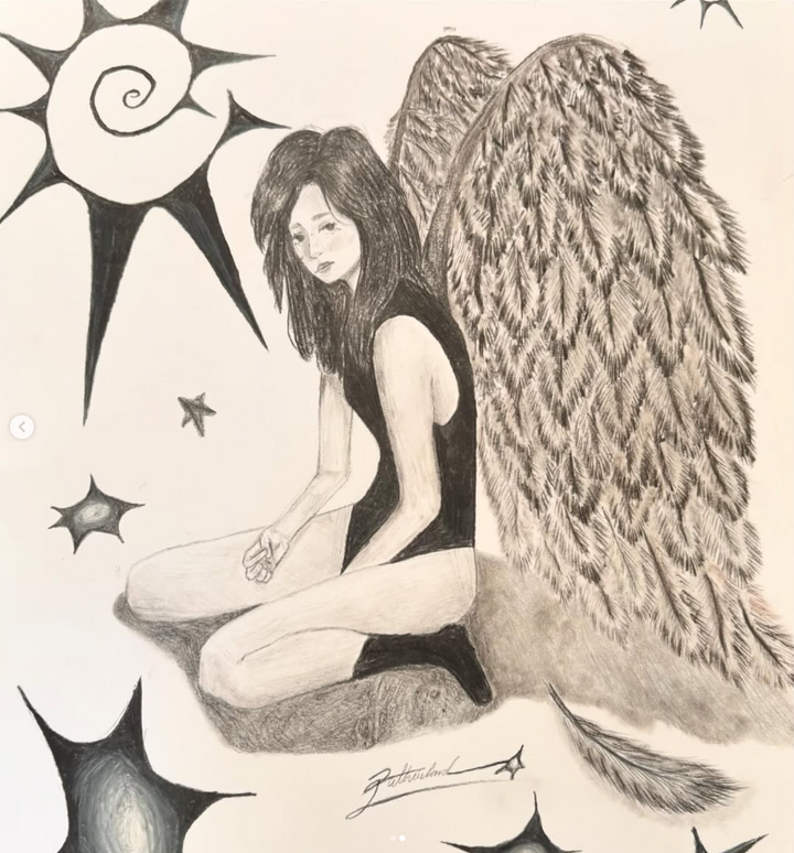 Black and white portrait of a girl with angel wings.