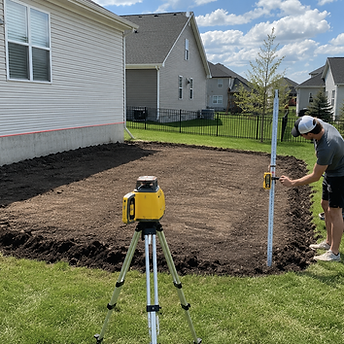 46 North Landscape contractor using a laser level to prepare and grade a residential yard for installation in Fargo.