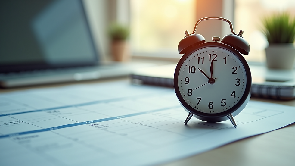 Close-up view of a calendar and clock for scheduling interview