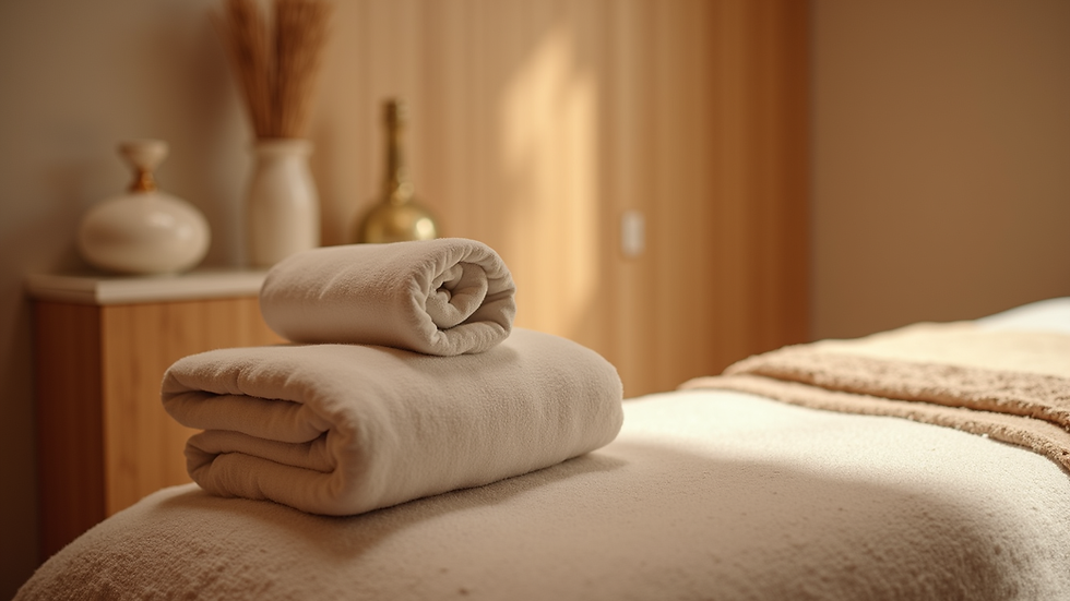 High angle view of a serene massage room with calming decor
