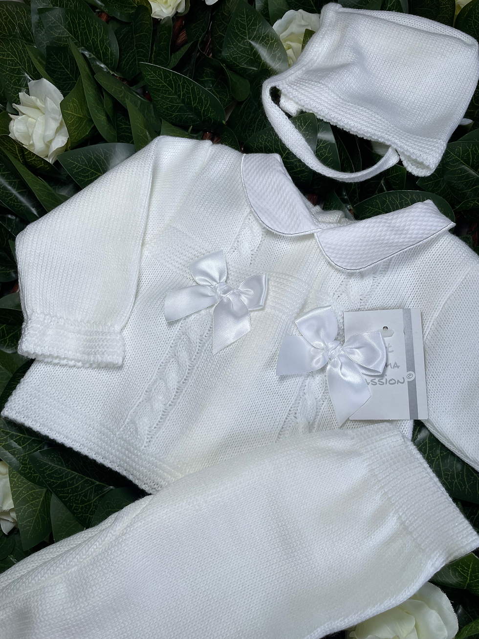 Thumbnail: Romany baby girl newborn knitted 3 piece outfit set, the perfect coming home outfit!