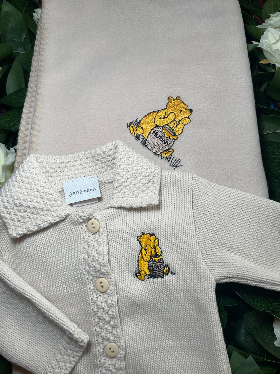 Thumbnail: Unisex Winnie The Pooh inspired baby cardigan with matching blanket