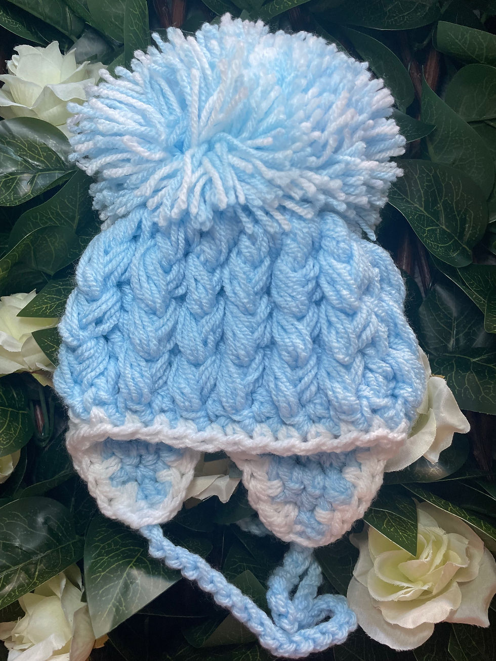 Thumbnail: Hand crocheted newborn baby boy hats with pompom, available in various colours.
