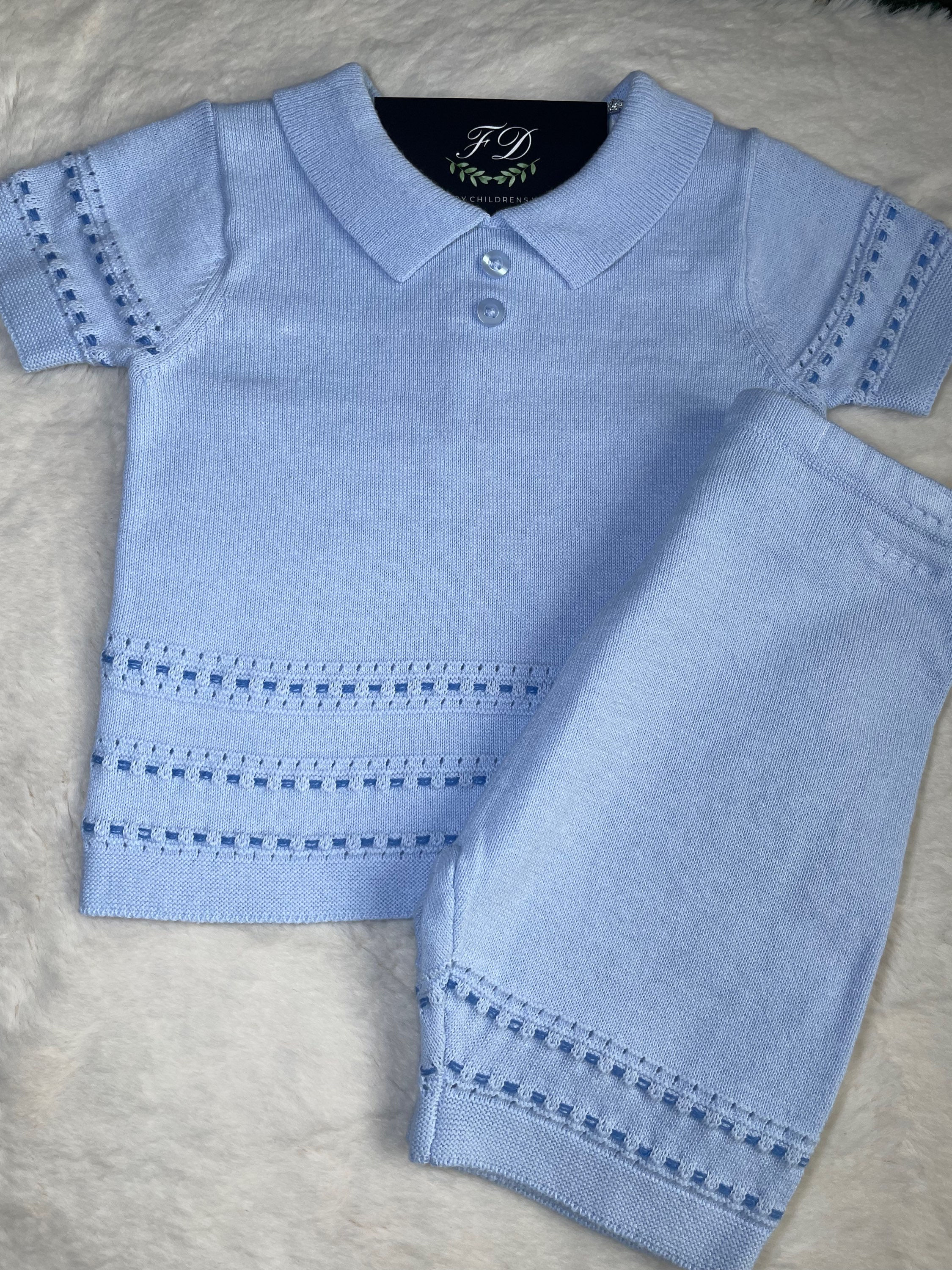 Baby boy blue knitted polo and shorts set, perfect for summer