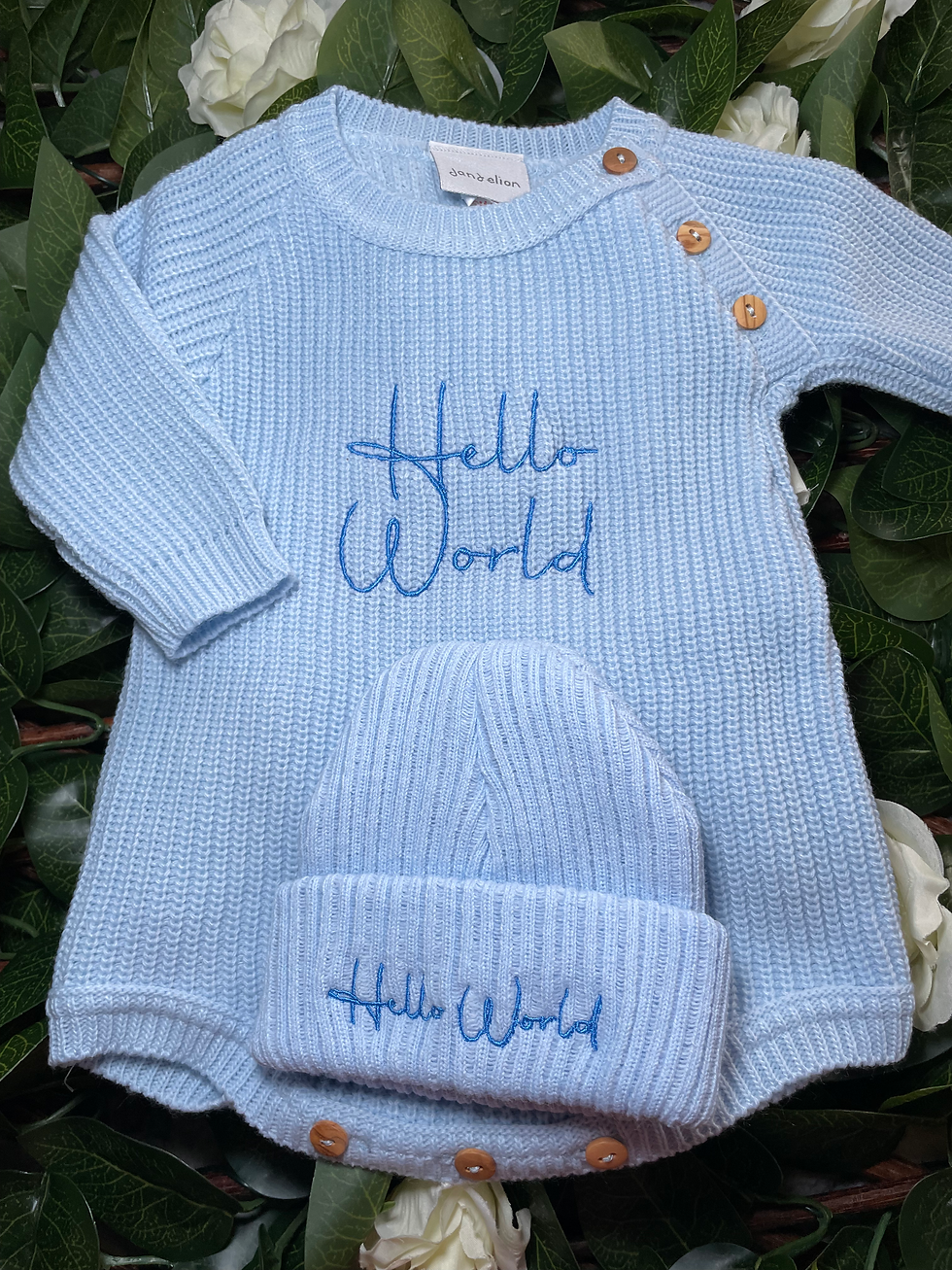 Newborn baby boy knitted romper and hat set