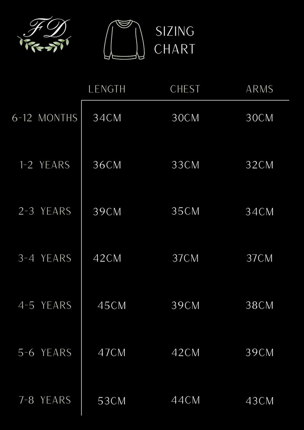 Thumbnail: FD Luxury Childrens Wear - kids personalised sweatshirt sizes & measurements