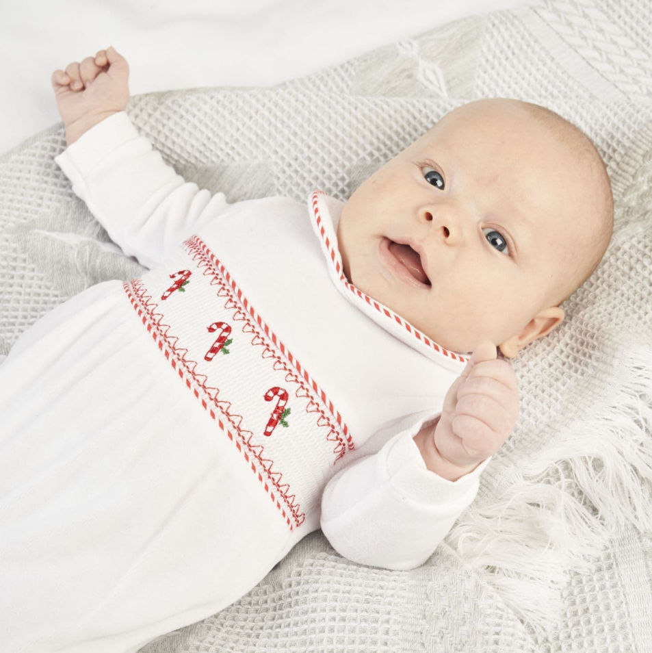 Thumbnail: Unisex baby white Christmas all in one, with red candy cane detail.