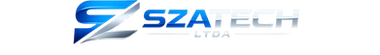 Logotipo da SZATECH LTDA em azul e prata sobre fundo preto.