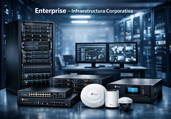 Infraestrutura corporativa com servidores em rack, storage empresarial e monitoramento de data center.