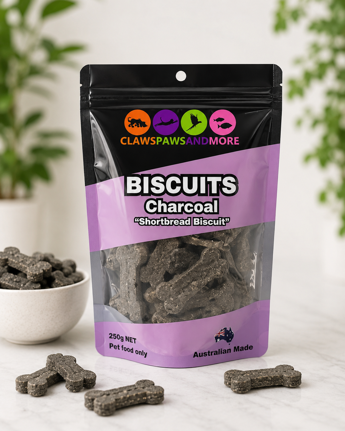 250g: Australian Charcoal Bickies: DOG SHORTBREAD BISCUITS