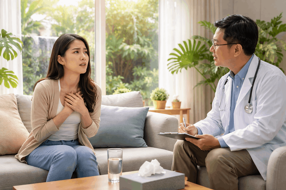 จิตแพทย์ให้คำปรึกษาผู้ป่วยที่มีอาการแพนิคในบรรยากาศผ่อนคลายที่คลินิก The Oasis