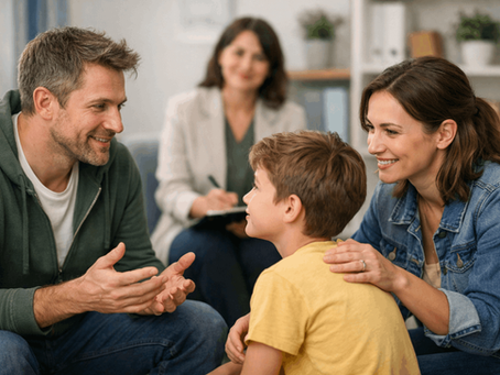 พ่อแม่ที่มีภาวะสมาธิสั้นกำลังพูดคุยกับลูกด้วยความเข้าใจในคลินิกสุขภาพจิต