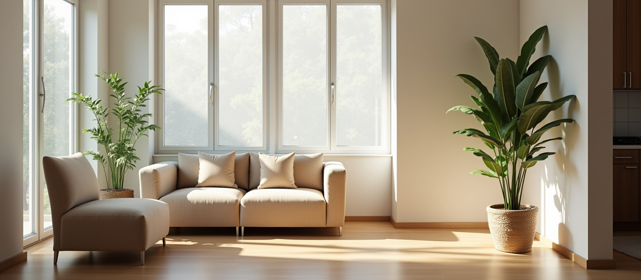Bright living room with light sofa, armchair, and plants