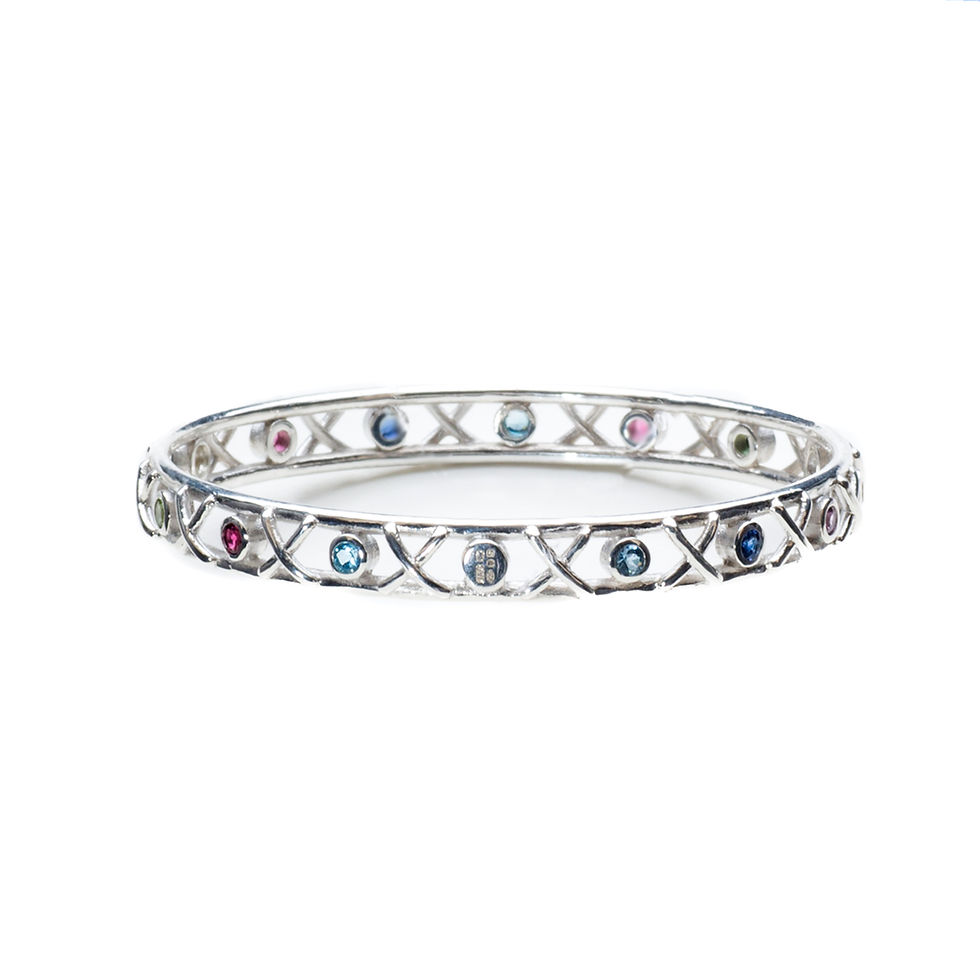 Thumbnail: Front view Silver Kiss Hug bangle set with multicoloured gems