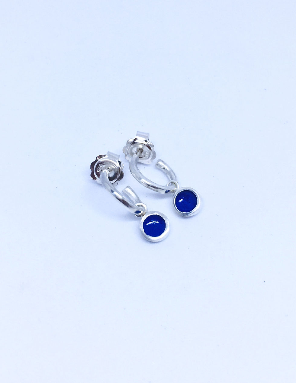 Thumbnail: Sapphire blue enamel dot charms on huggy hoops