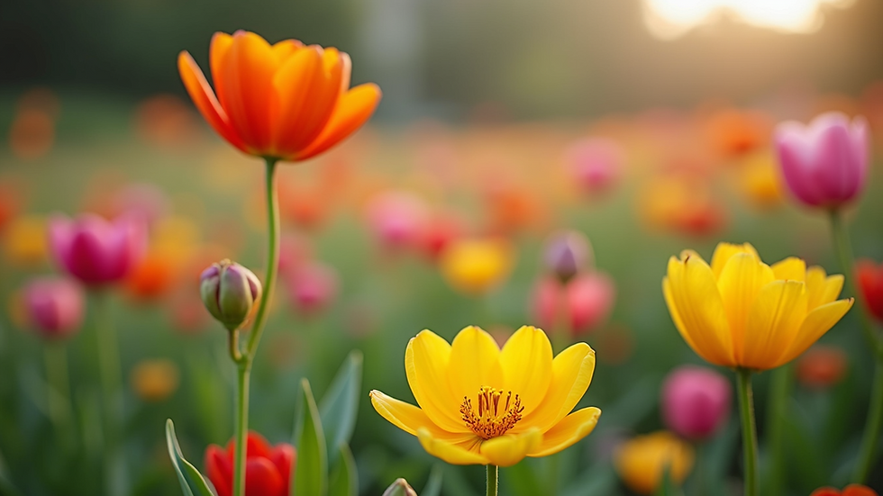 Wide angle view of a vibrant flower garden during spring