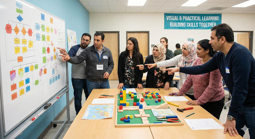 Nine people in a classroom engage in a brainstorming session, pointing at a flowchart on a whiteboard. A banner reads "Building Skills Together."