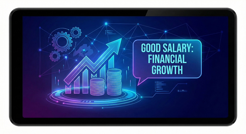 Blue and purple digital graphic with upward arrow, gears, and stacked coins. Text reads "GOOD SALARY: FINANCIAL GROWTH." Futuristic vibe.