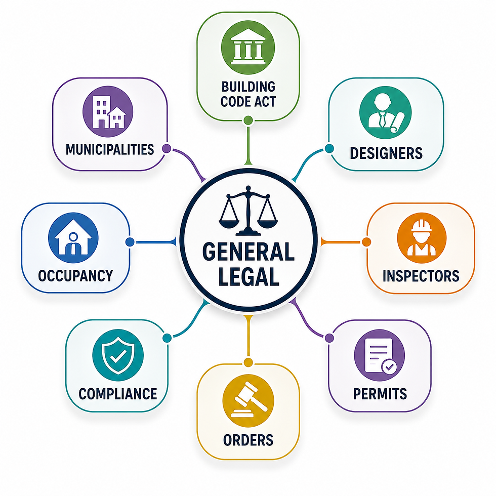 Infographic with GENERAL LEGAL at center linked to municipalities, building code, designers, inspectors, permits, orders, compliance.