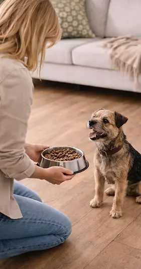 Dog sitting à domicile avec une personne donnant son repas à un chien dans son environnement habituel