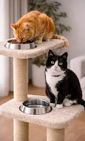Chats prenant leur repas dans leur environnement habituel lors d’une visite de cat sitting à domicile