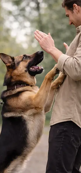 Chien sautant sur une personne pour lui dire bonjour, comportement pouvant être corrigé lors de cours privés d’éducation canine