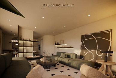 Visualisation 3D d’un salon japandi avec canapé vert et décoration naturelle