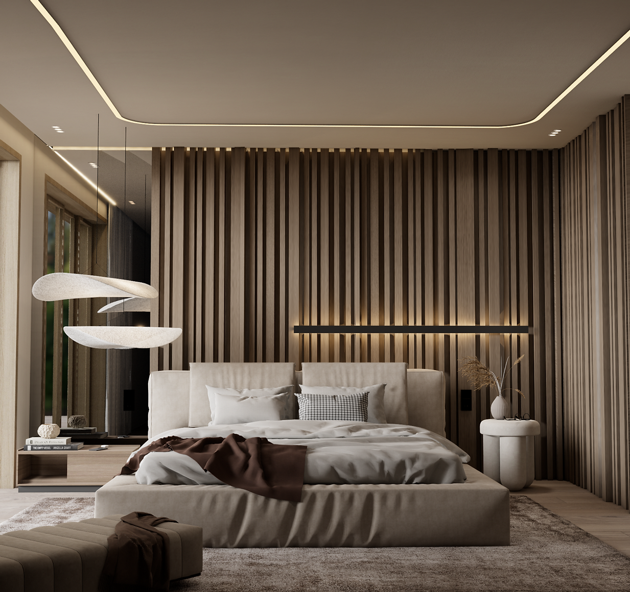 Chambre avec tête de lit en tasseaux de bois et lit beige, Chambre Bordelaise