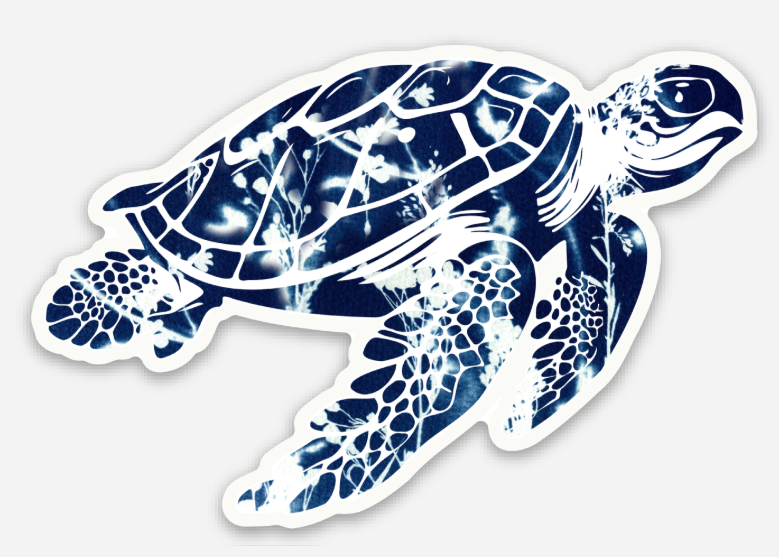 cyanotype sea turtle sticker in indigo blue ocean-themed cyanotype artwork by Jen Dauberman