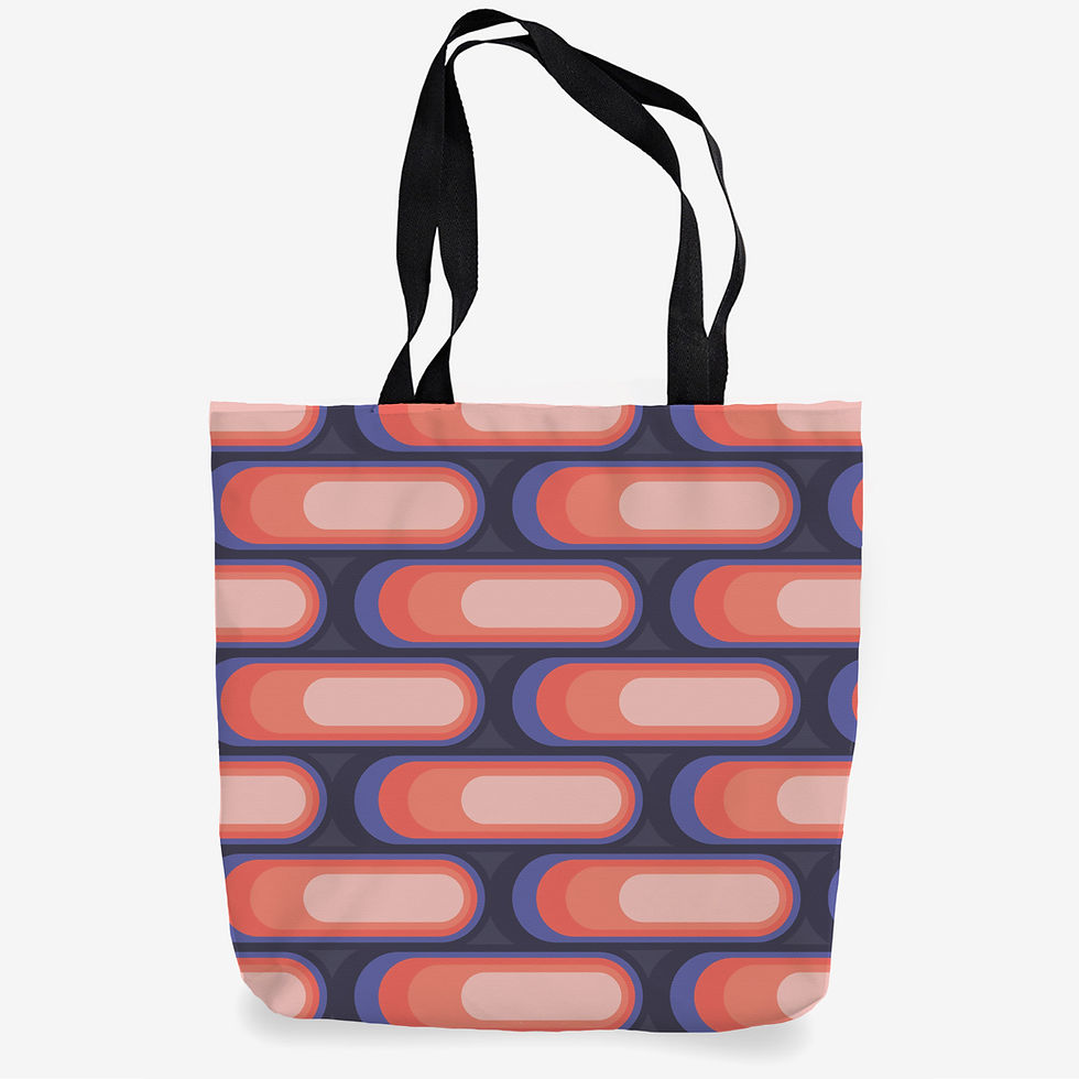 Thumbnail: Dark tote bag with repeating coral and blue rounded pattern