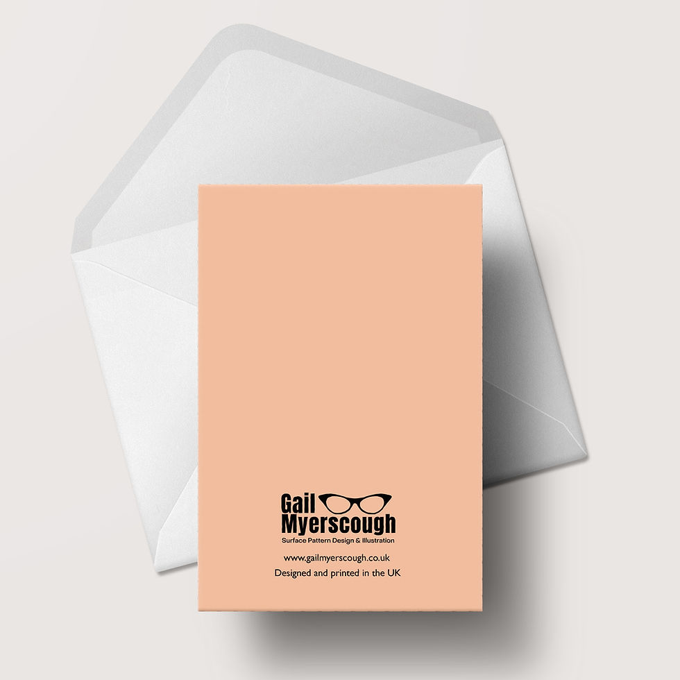 Thumbnail: Back of peach card with Gail Myerscough logo, on envelope.