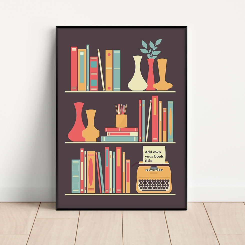 Thumbnail: Bookshelf illustration with colourful books, vases, and a typewriter: Read More Books.