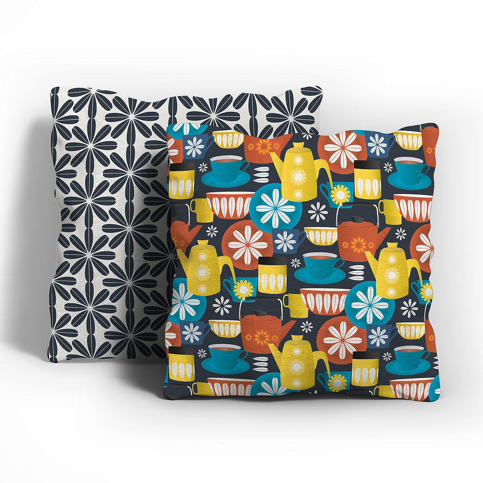 Thumbnail: Fika mug pattern pillow and black floral pillow