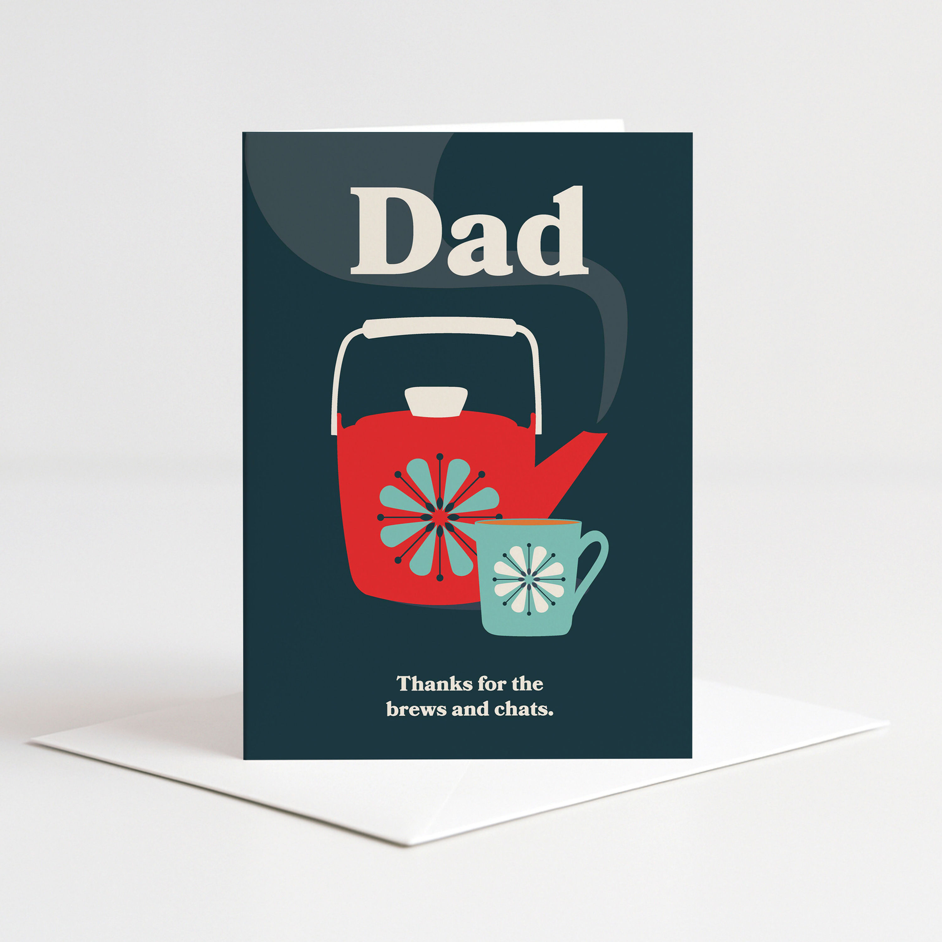 Brews and Chats Father's Day card featuring a teapot and a mug