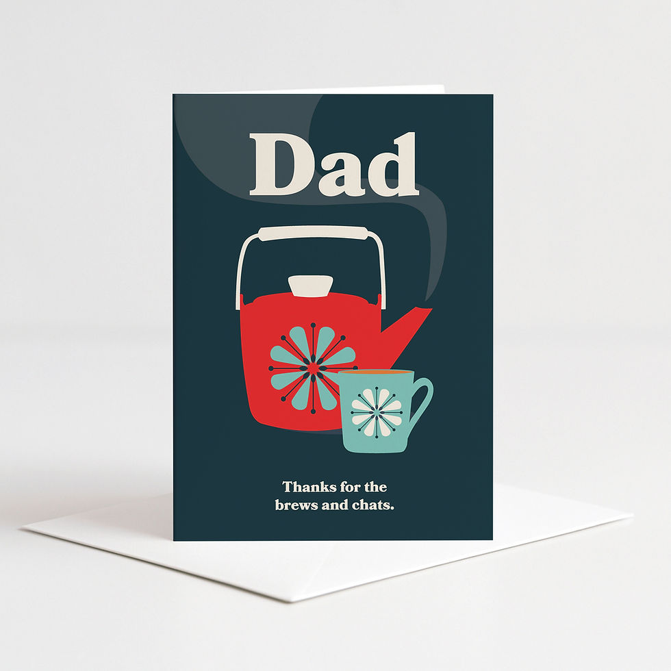 Brews and Chats Father's Day card featuring a teapot and a mug